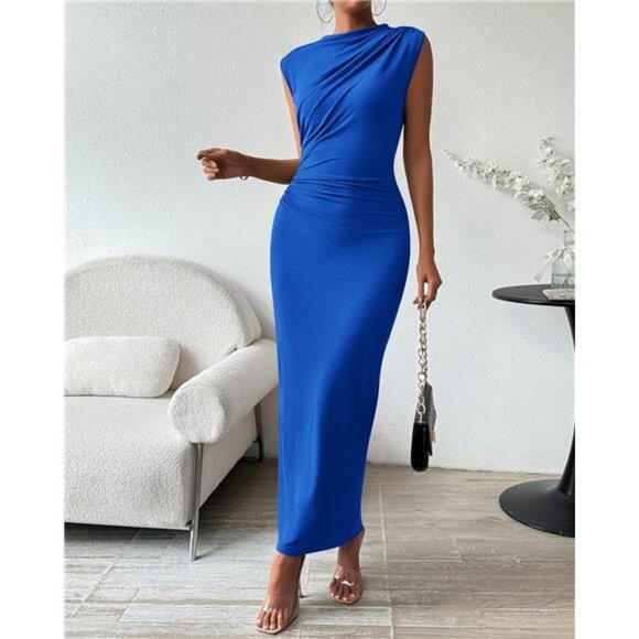 Women's Ruched Maxi Dress Elegant Blue - Picture 3 of 6